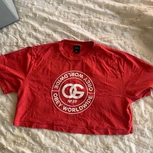 Red OBEY cropped tee